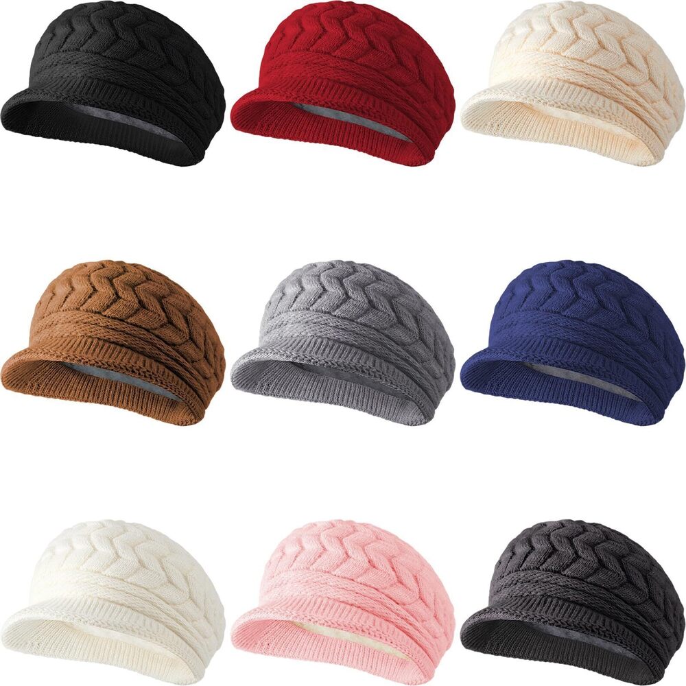 4126 9 Pcs Winter Hat Knitted Fleece Lined with Visor Soft Warm Slouchy